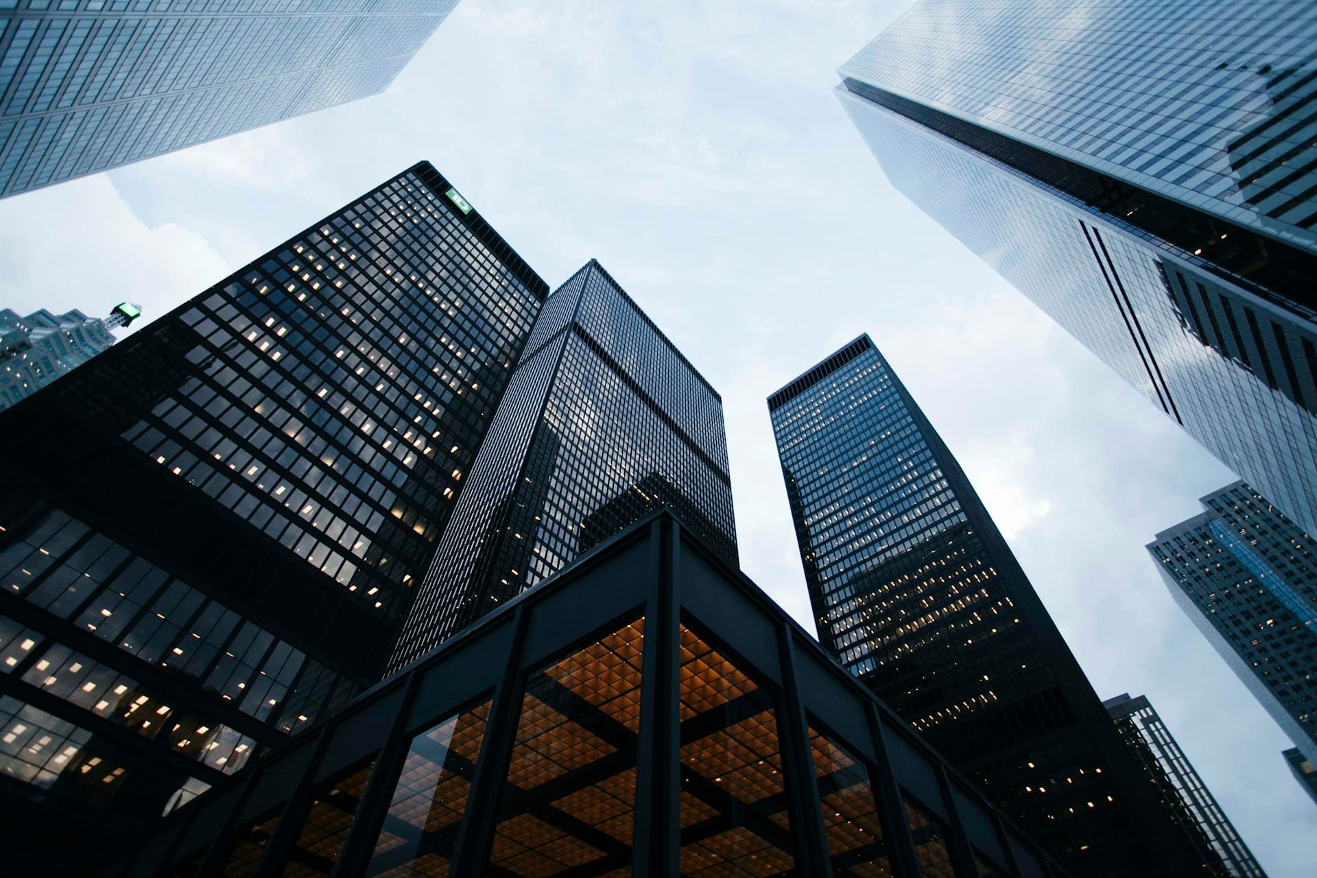 Looking up at corporate office towers